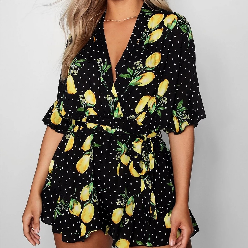 BOOHOO Plus Lemon Polka Dot Wrap Ruffle Romper